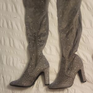 Cape Robbin Womans Velvet Thigh Hi Elegant Gray  Rhinestone Boots,Chunky Heel